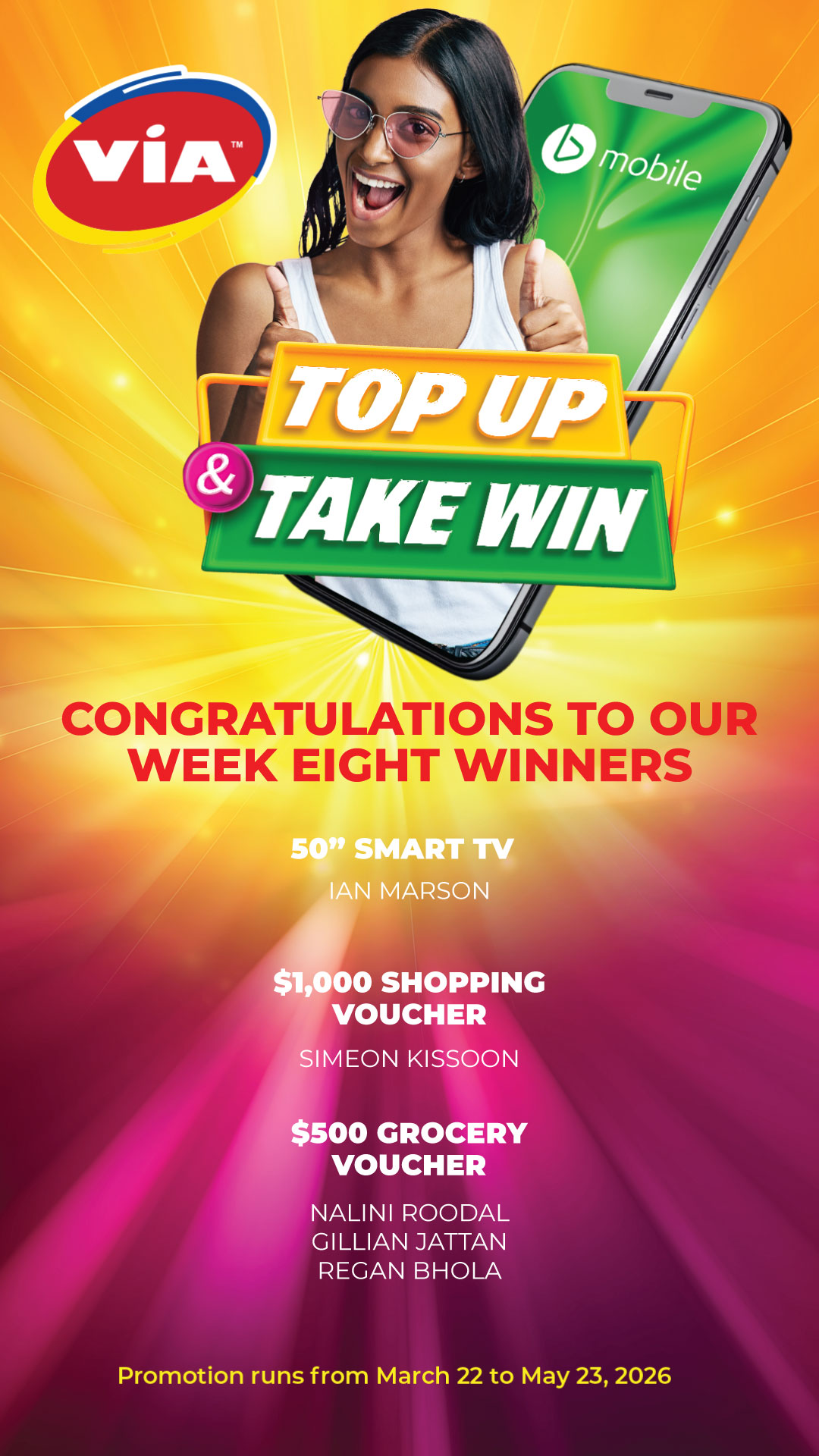 Week 8 prize winners - VIA x bmobile Top-up and Win promotion