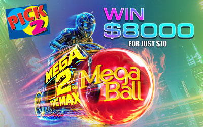 NLCB Pick 2 Mega 2 the Max promotional banner featuring a futuristic motorcycle rider and a fiery red Mega Ball graphic